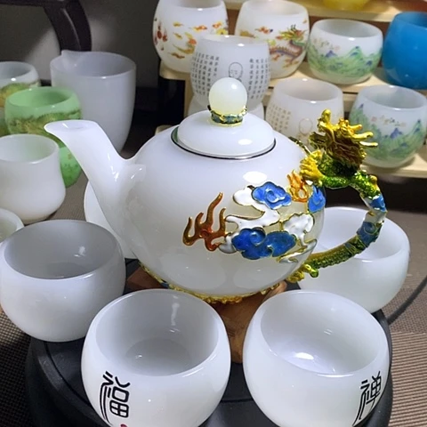 琉璃中式珐琅彩龙腾盛世一壶六杯礼盒套装