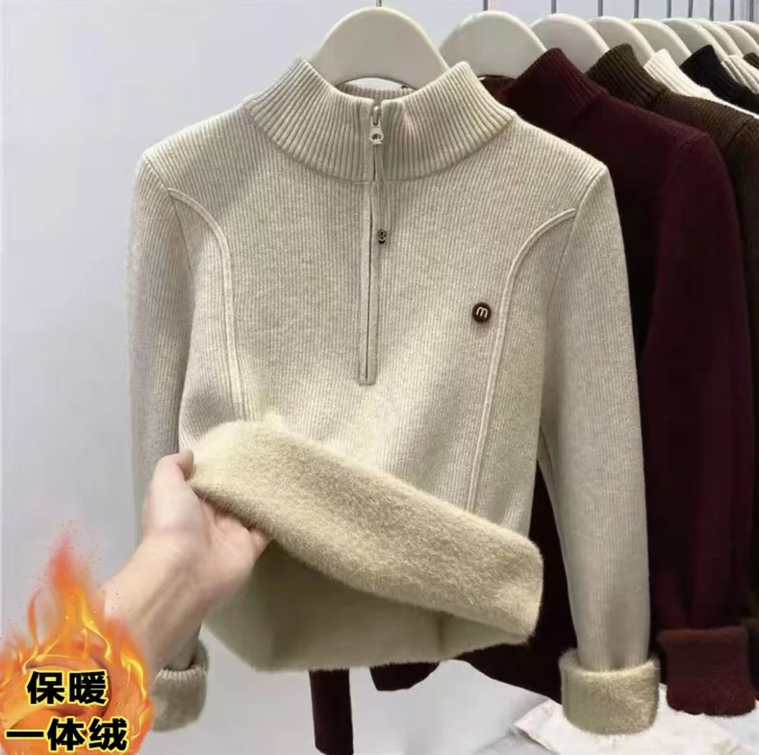 一体加绒加厚 时尚百搭毛针织衫半拉链针织内搭秋冬上衣打底衫