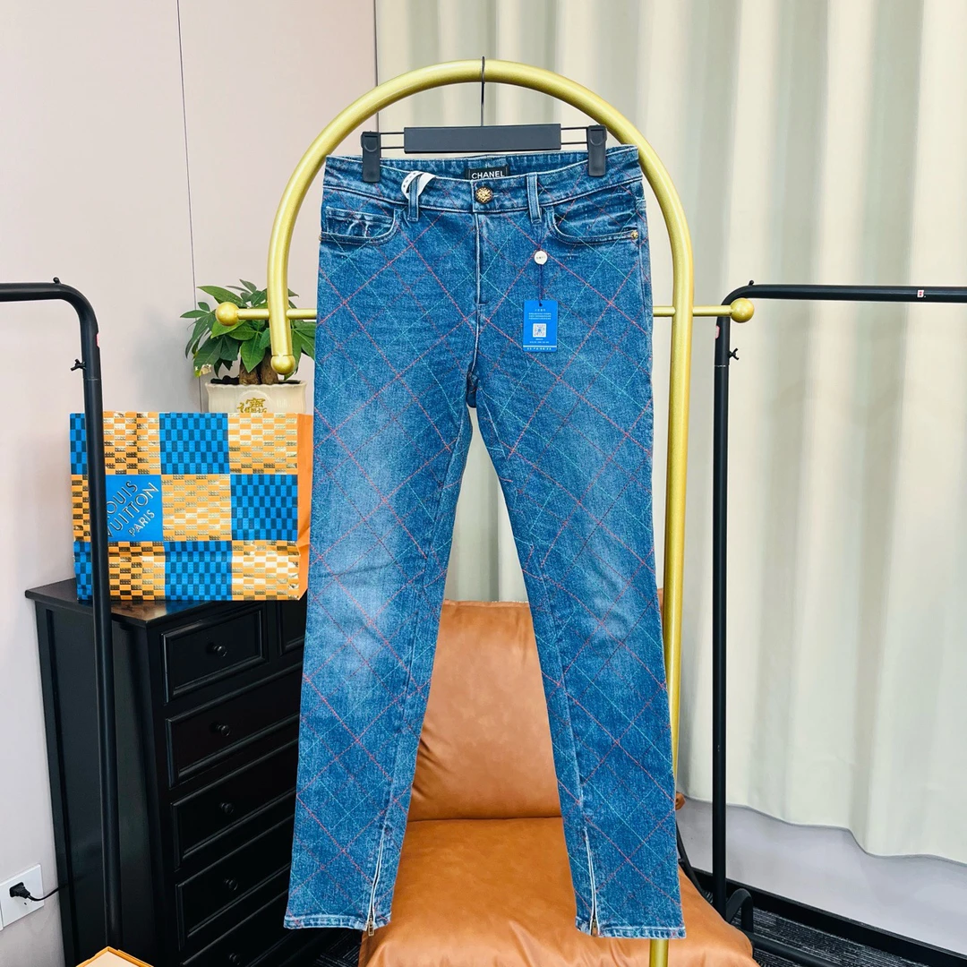 99新 Chanel/香奈儿 蓝色格纹牛仔长裤 36码 99新