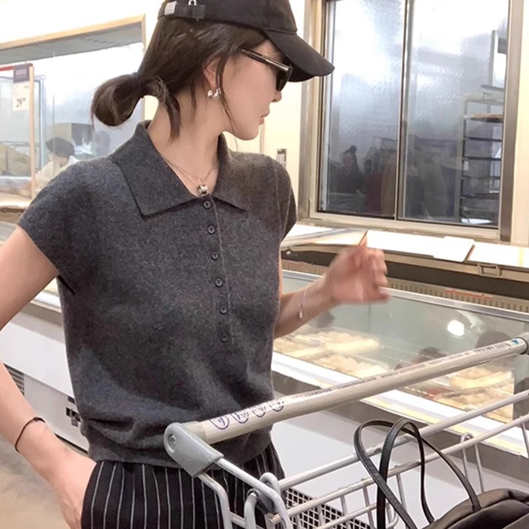 高级感灰色翻领针织短袖t恤女夏季冰丝polo衫修身正肩短款上衣ins