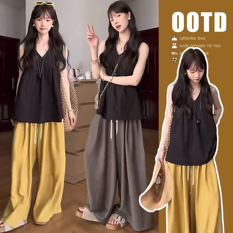 孕妇套装2025黑色无袖背心衬衫夏季薄款法式显瘦上衣裤子套装女