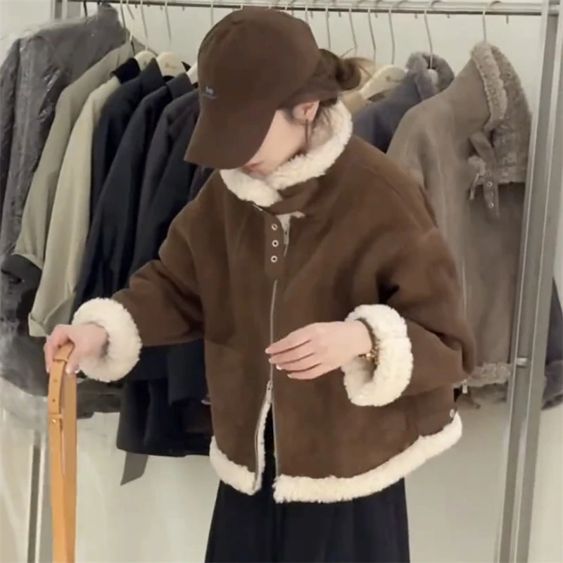 英伦风复古立领毛毛拼接机车服短外套女2025秋冬新款宽松保暖上衣