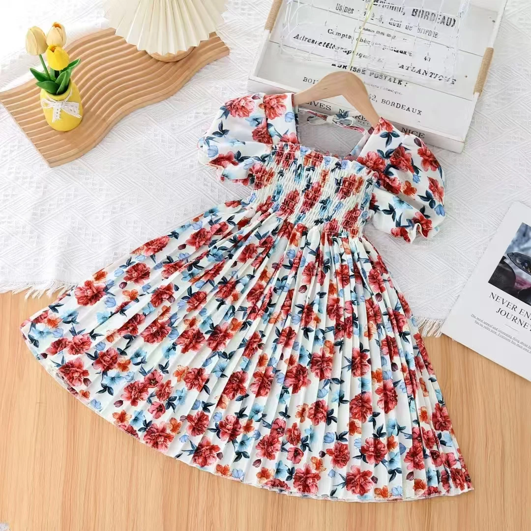 儿童碎花连衣裙夏季新款女宝小女孩洋气女童公主裙泡泡袖短袖裙子