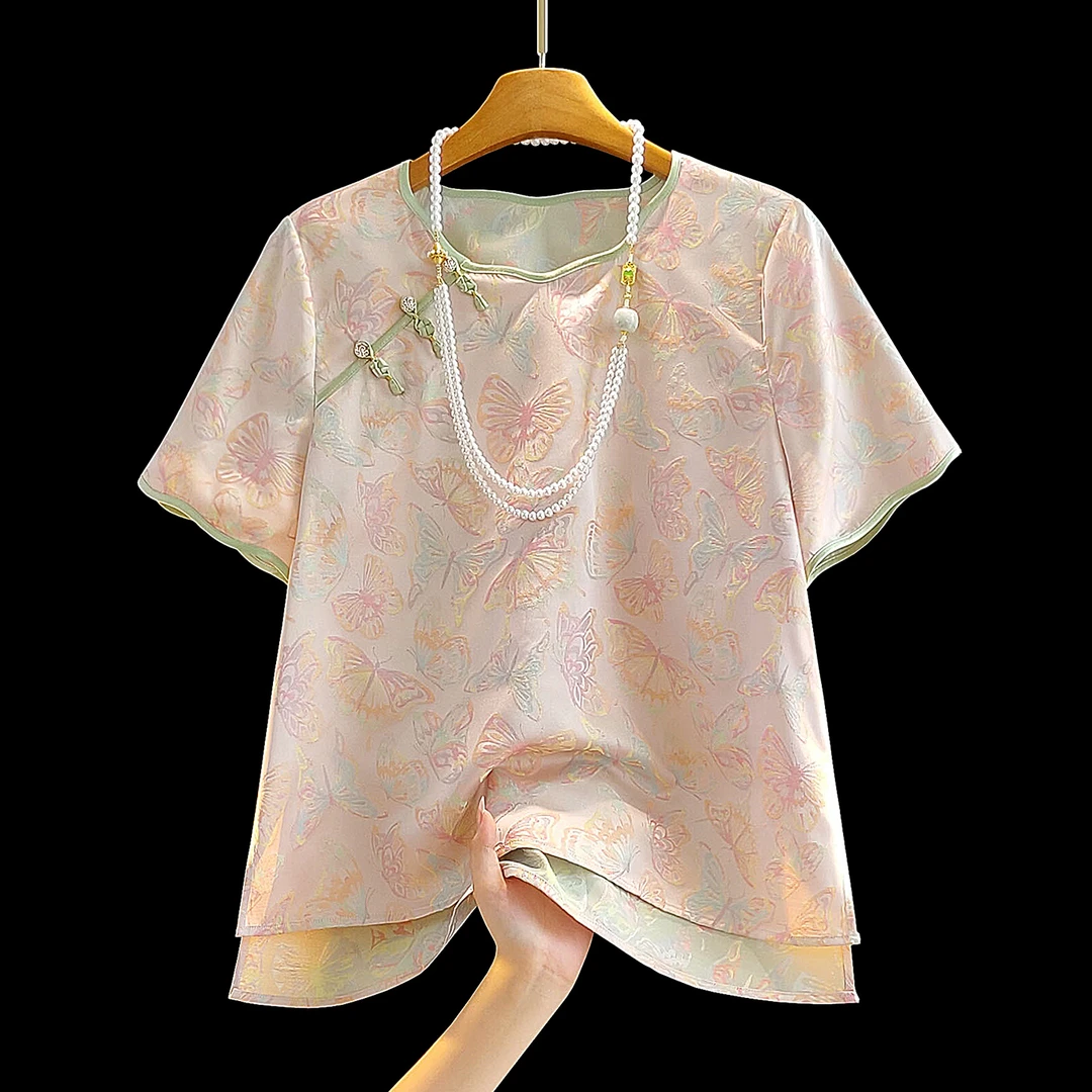 粉色气质减龄宋锦提花国风衬衫女夏季短袖复古斜襟盘扣新中式上衣