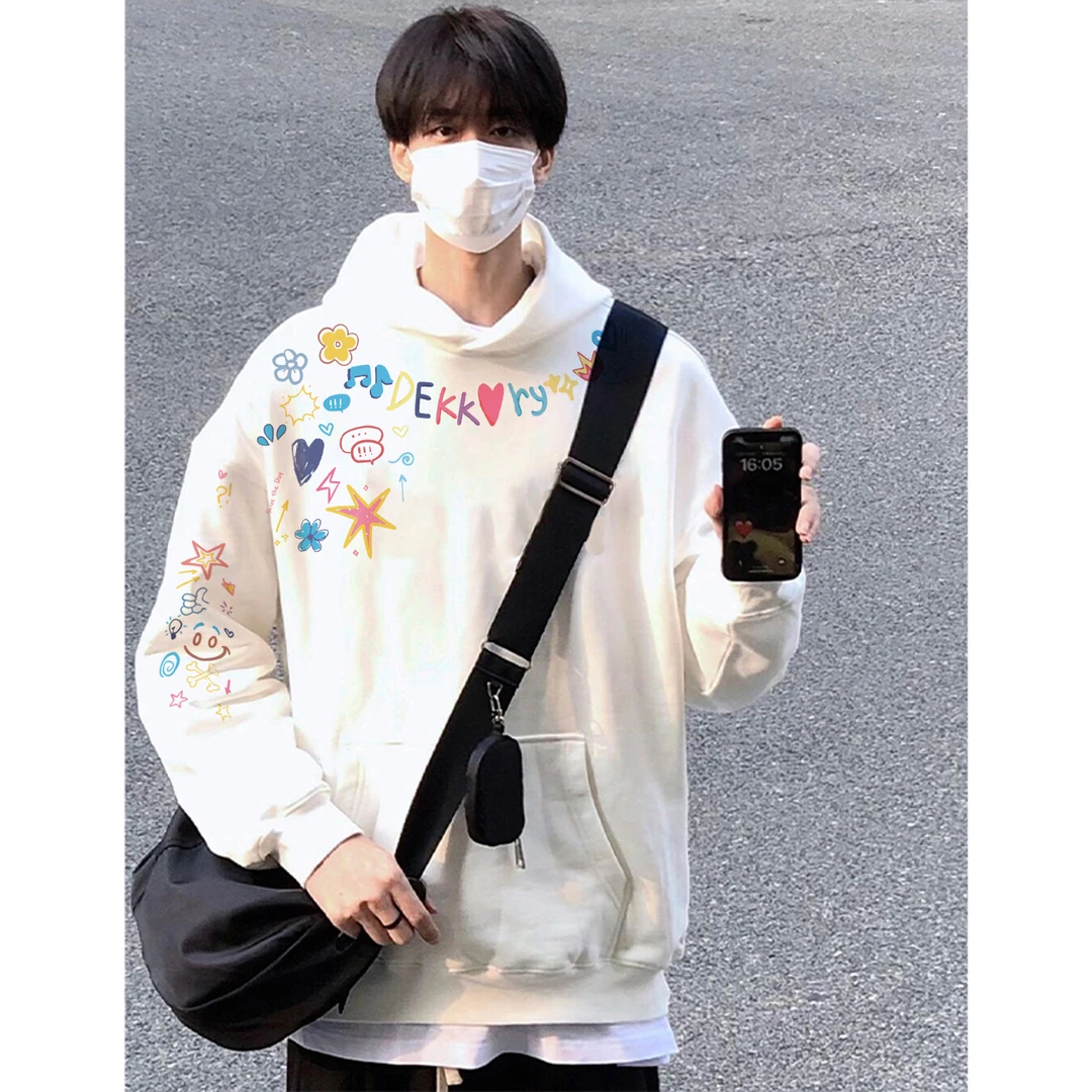 美式潮牌秋冬连帽卫衣男女个性贴纸字母印花宽松休闲情侣款上衣