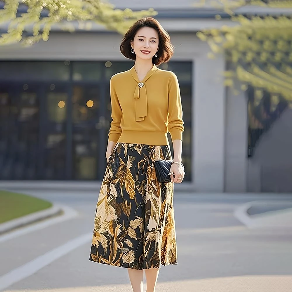 黄色V领飘带长袖针织长袖T恤女韩系独特上衣2025新款开春季一整套