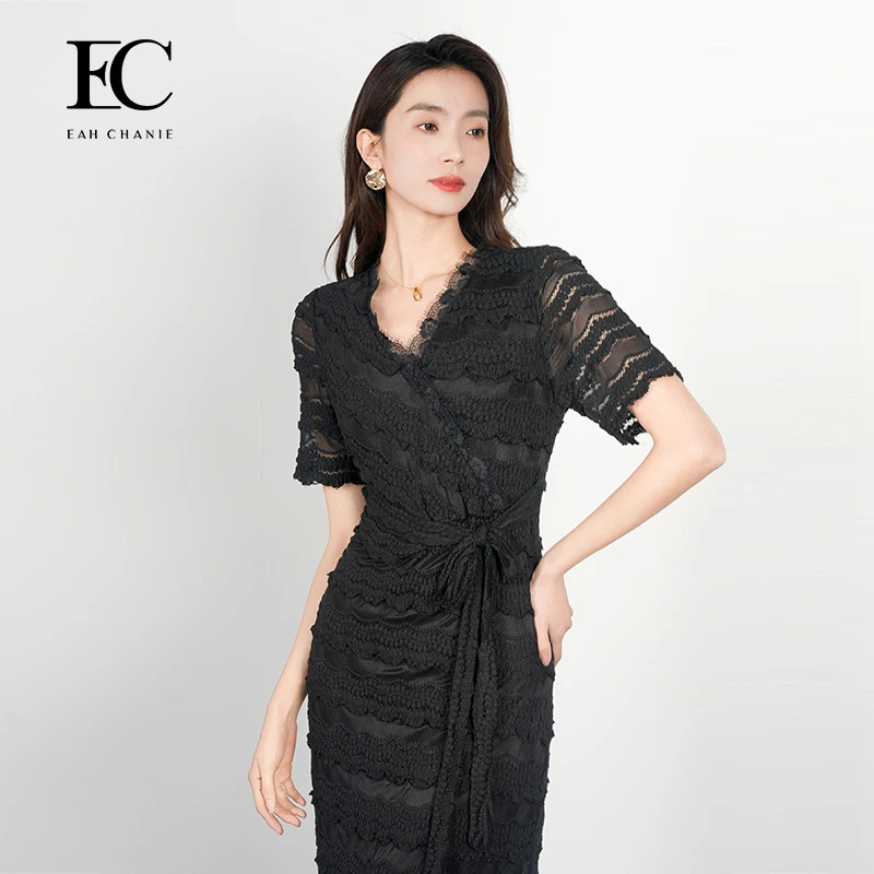 EAHCHANIEEAHCHANIE25夏季新款高档V领侧腰系带连长裙9729DL413