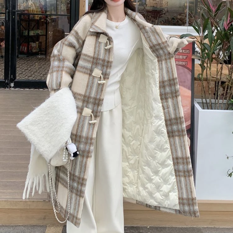 大码加棉内里格子毛呢外套2025新款高级感冬季加厚长款呢子大衣女