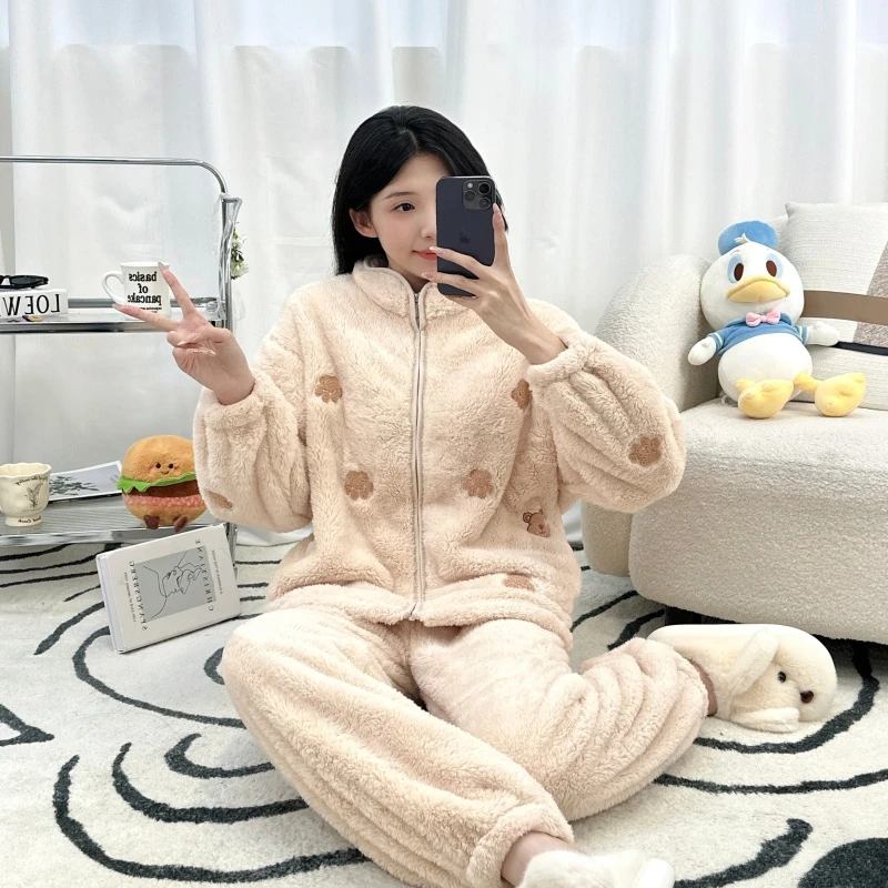 女士睡衣秋冬季半边绒简约高级感加绒加厚少女冬天家居服套装外穿