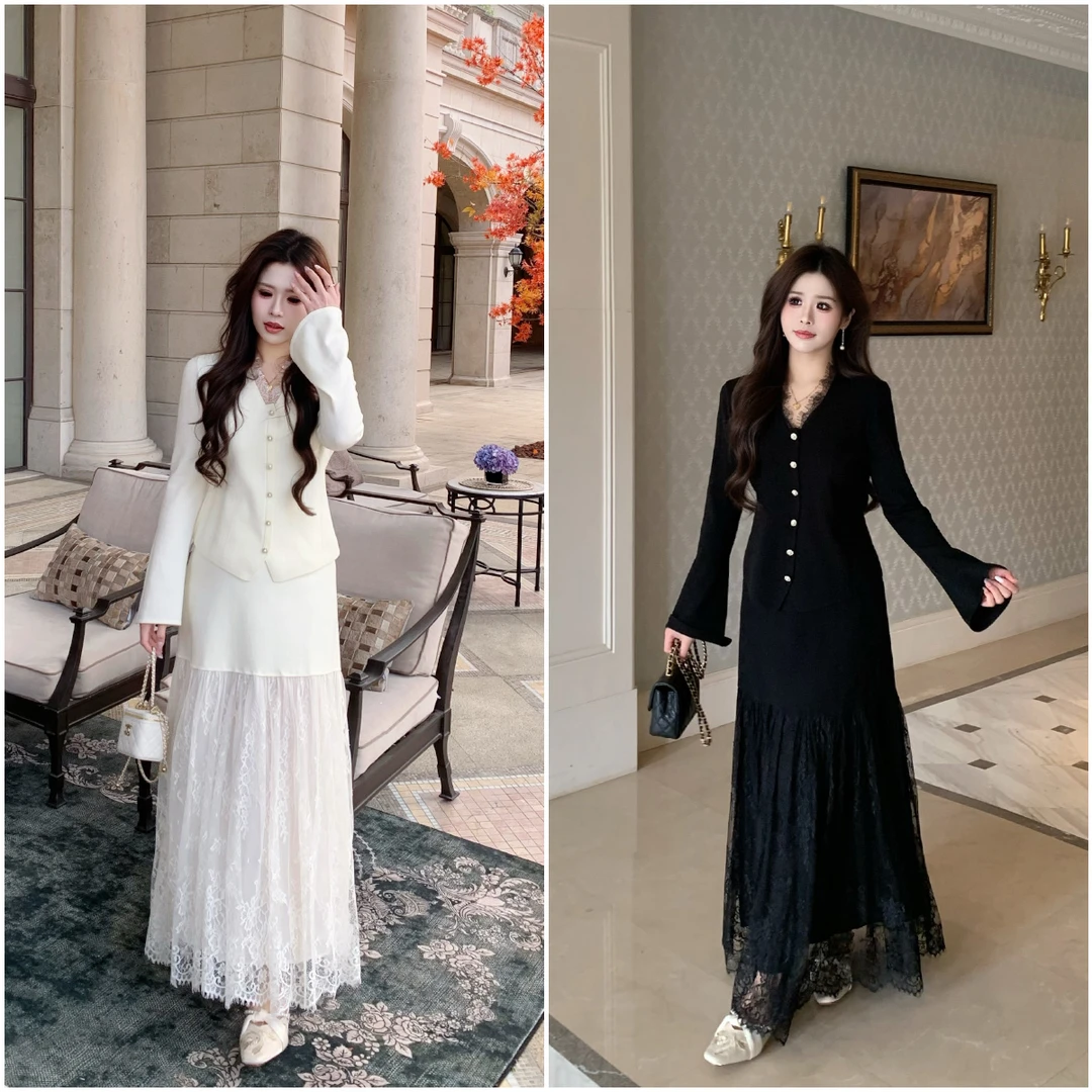 李潇洒【赫拉女神】微胖V领修身针织衫冬法式拼蕾丝包臀裙毛织套装