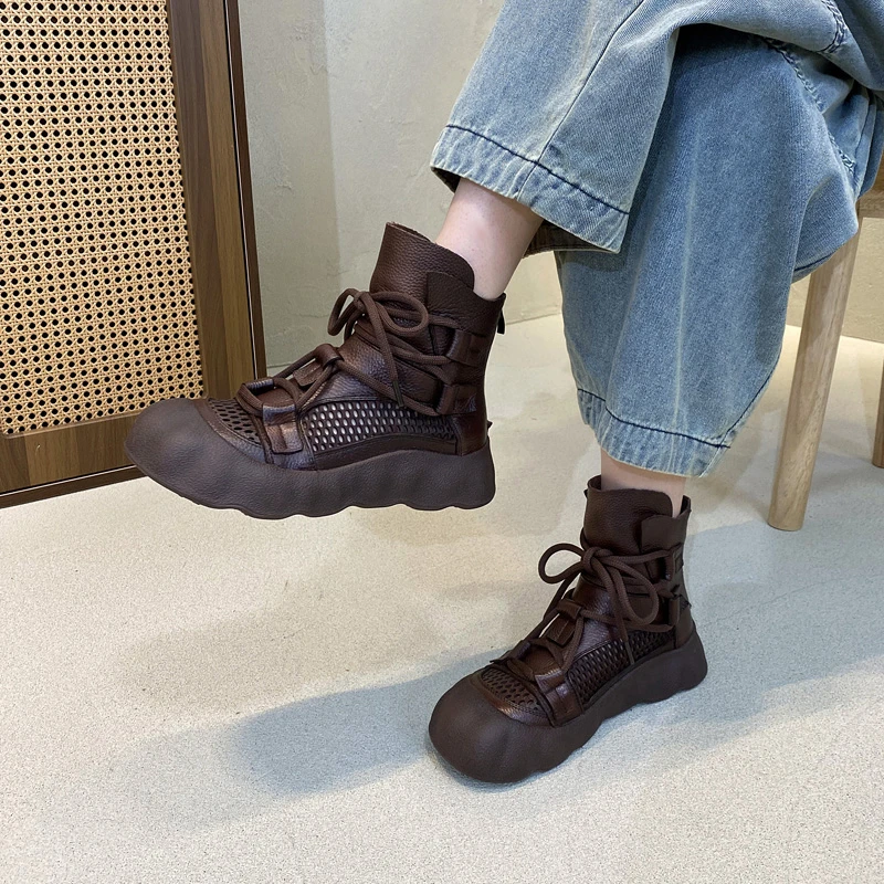 罗马凉鞋女2025春夏新款包头休闲厚底凉靴真皮透气网面高帮女鞋子