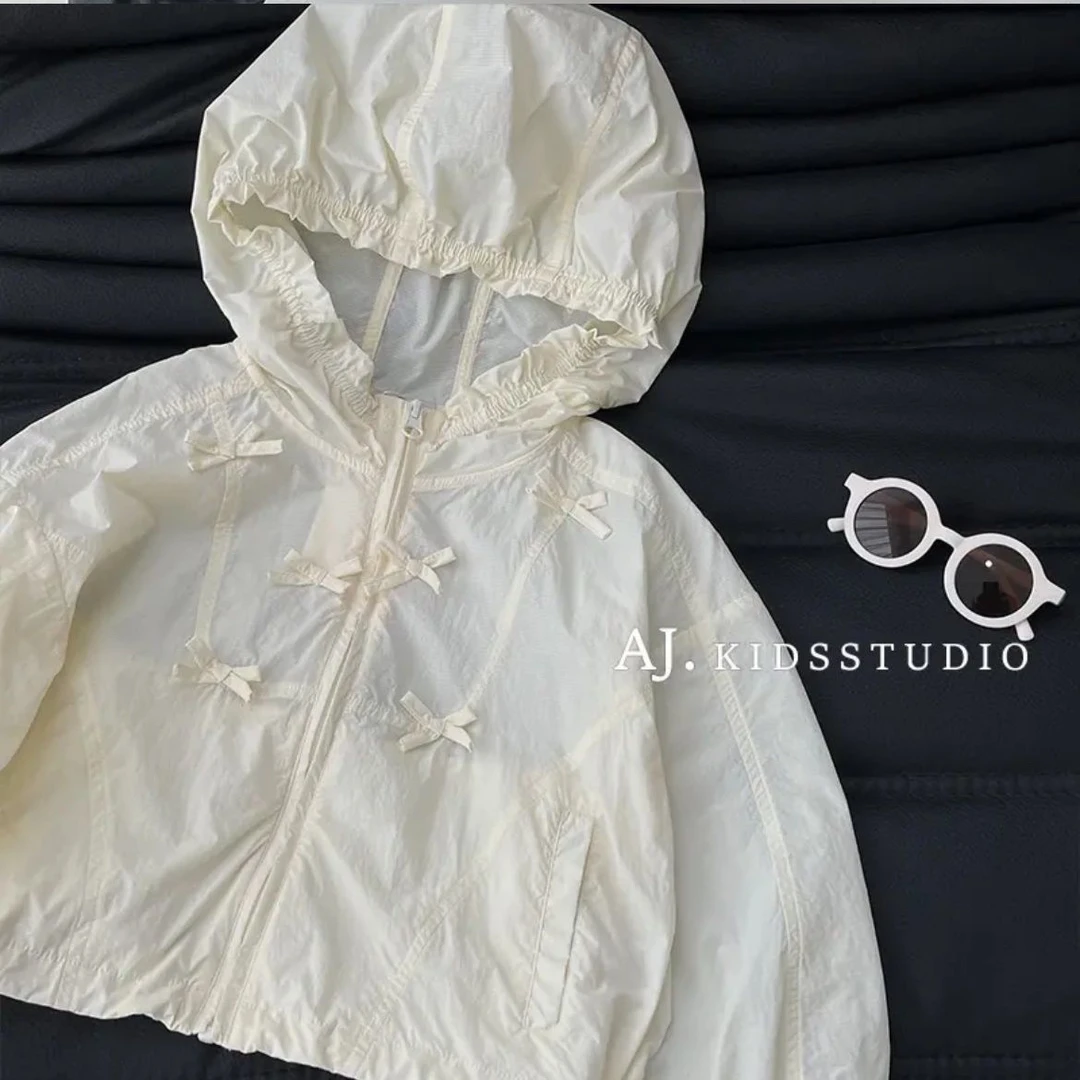 女童防晒衣2025夏季新品中大童洋气休闲蝴蝶结连帽薄外套女孩上衣