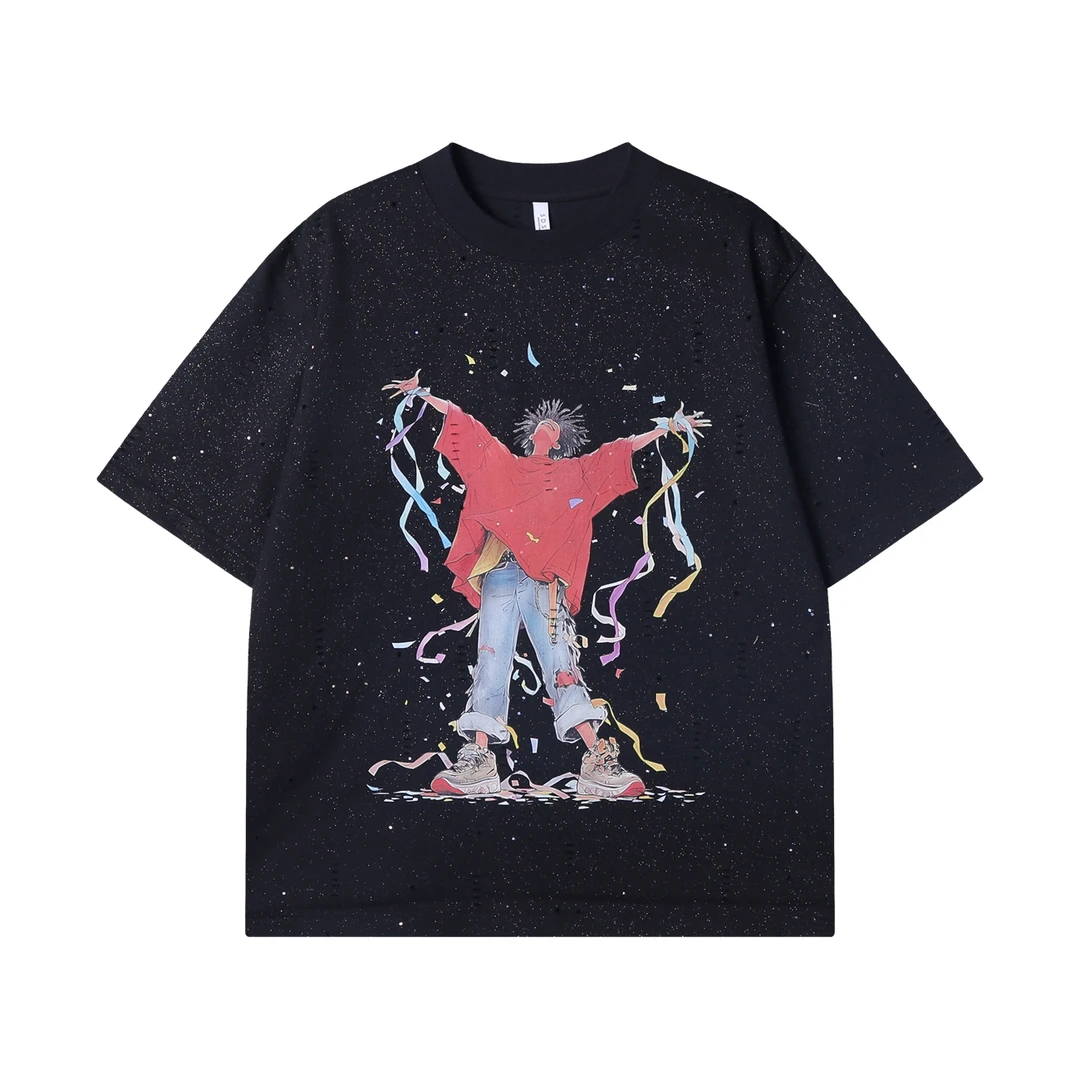 夏季高级感新款潮牌纯色人物印花圆领短袖T恤破洞嘻哈百搭上衣