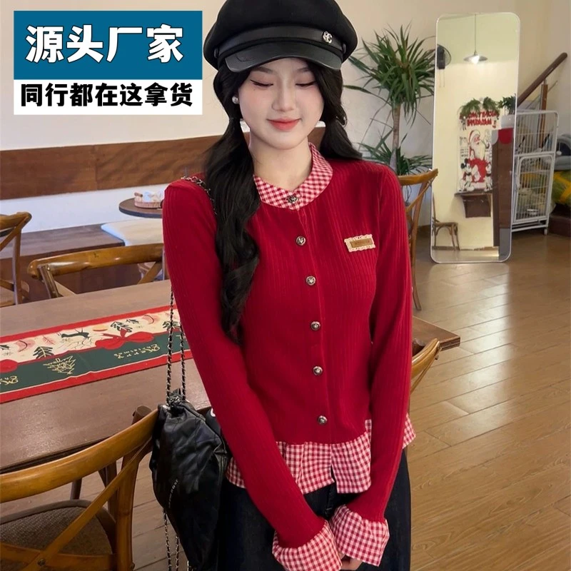 梵乐芬氛围感格子拼接假两件长袖针织衫女韩系修身百搭上衣2025早