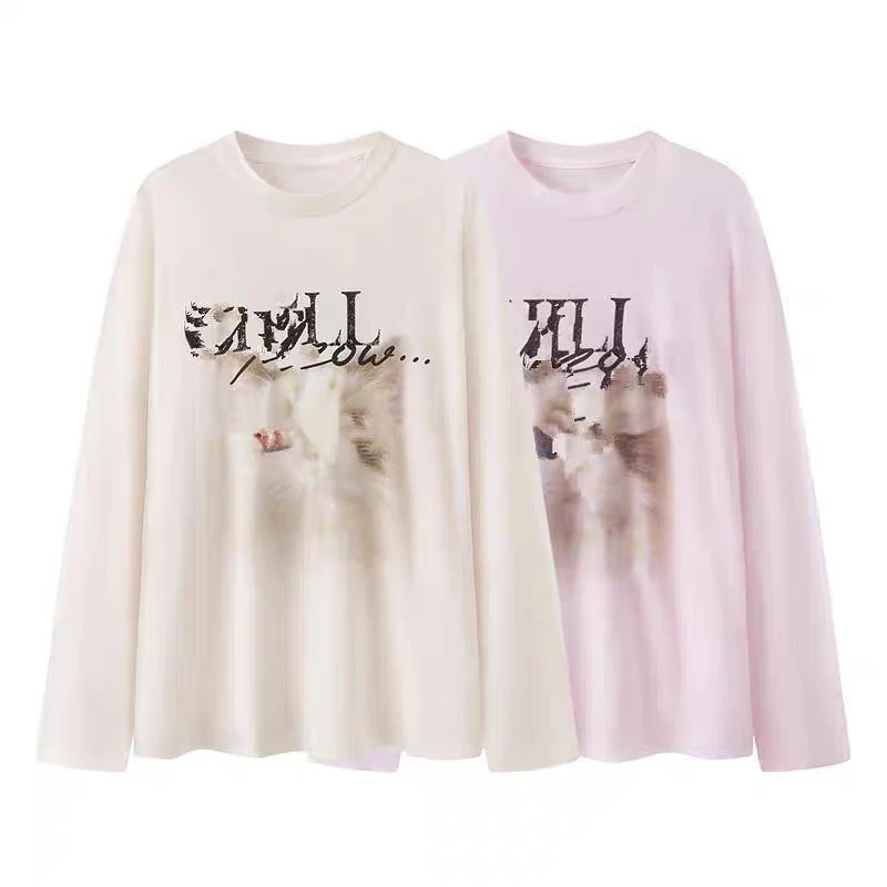 9031新款长袖T恤棉质宽松落肩小猫印花复古做旧女