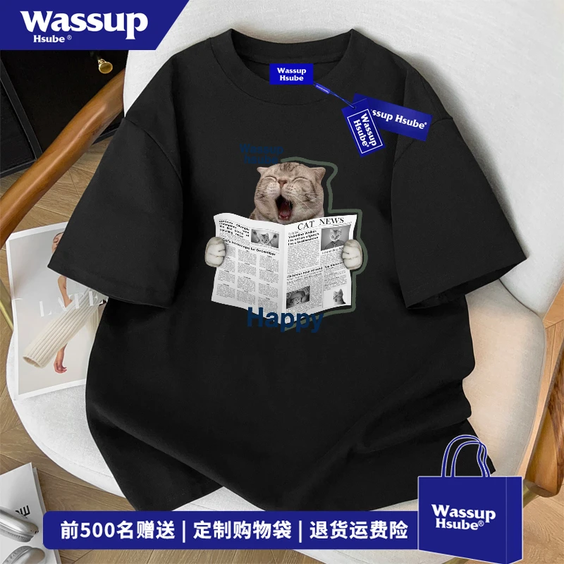 WASSUP HSUBE夏季新款猫咪印花纯棉短袖T恤男高级感休闲圆领上衣