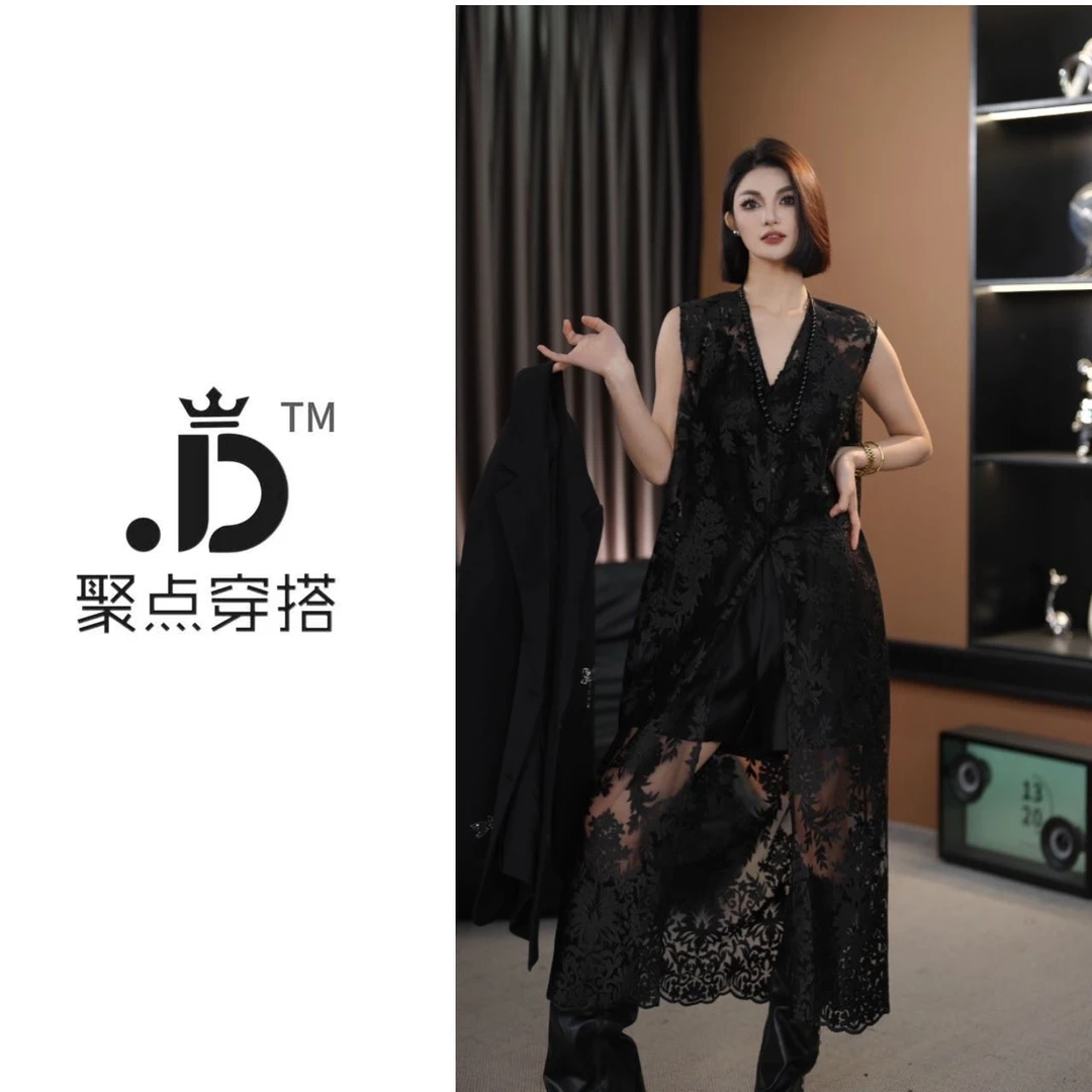 JUDIAN-时尚V领蕾丝提花镂空长款连衣裙8jd630370