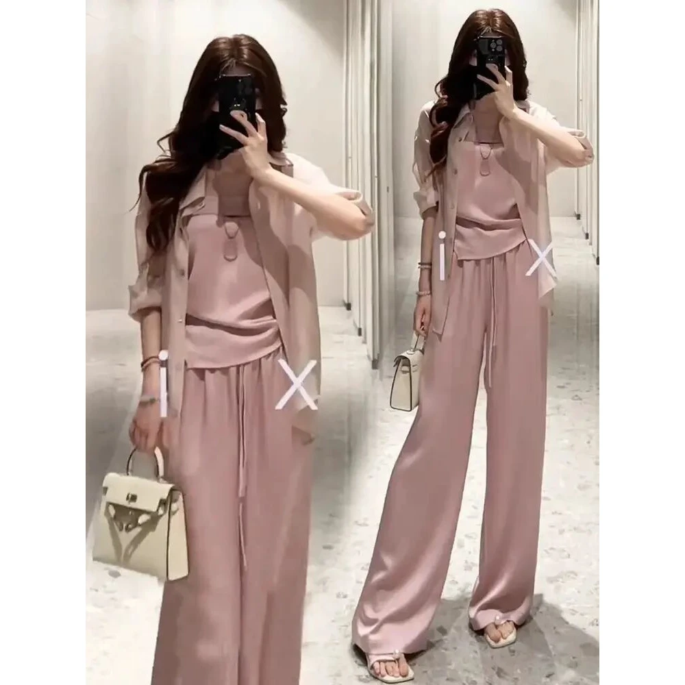 遮肉宽松显瘦防晒外套吊带弹性腰身阔腿裤三件套组合