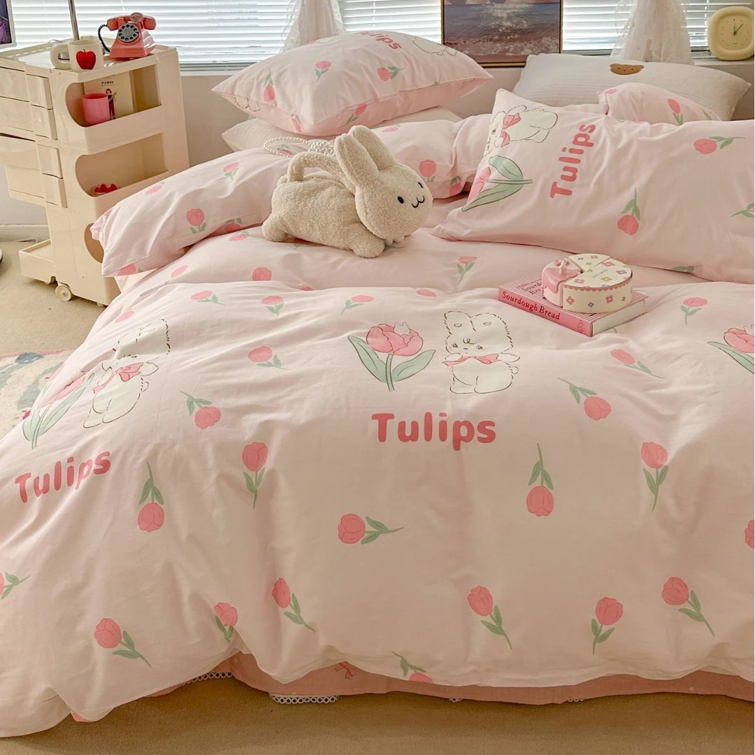 奶油卧室可爱全棉四件套少女三件套床单被套学生宿舍纯棉床品