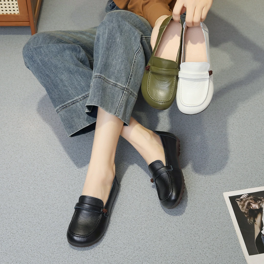 春秋复古头层牛皮软皮软底防滑平底百搭豆豆鞋乐福鞋休闲软底单鞋