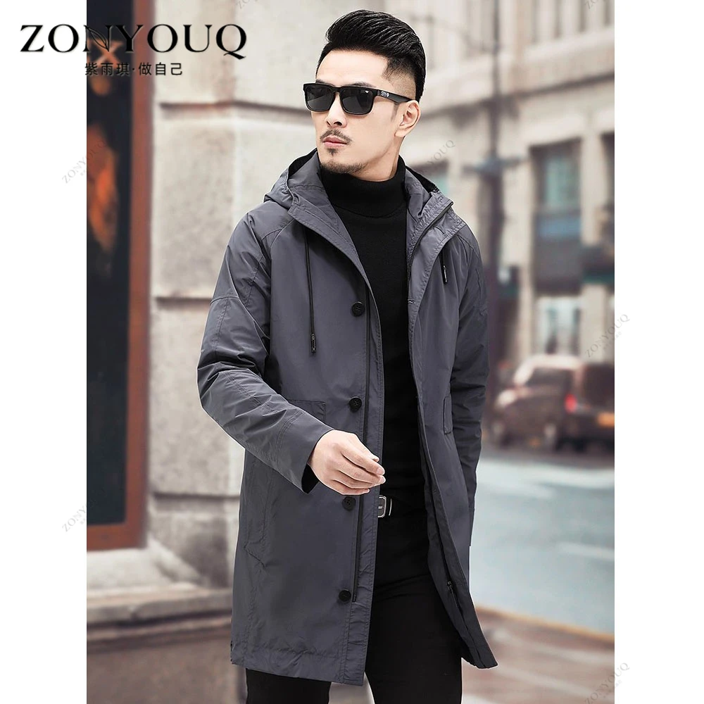 ZONYOUQ中长款风衣外套男2025秋季新款连帽上衣商务休闲大码大衣