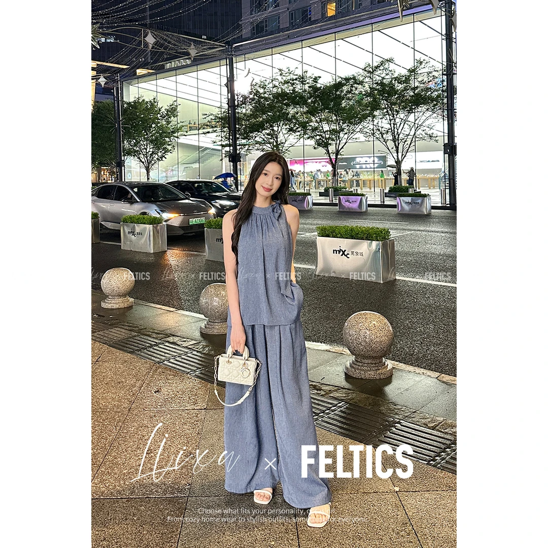FELTICS&LIIXU法式优雅系带无袖小衫宽松显瘦休闲裤套装FL52TZ554