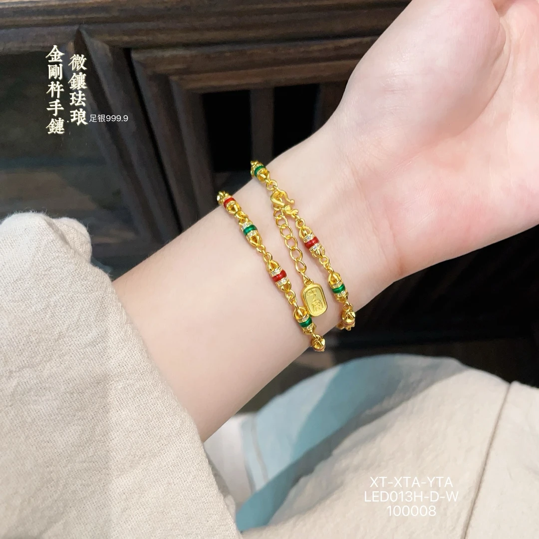 足银手链 古法纯银手链足银999.9金刚杵珐琅描金银手链女小众国风