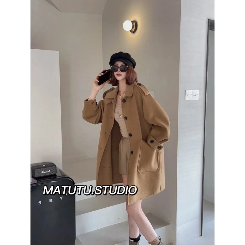 【热巴同款】2025早春新款中长款羊毛大衣显瘦韩版双面毛呢外套女