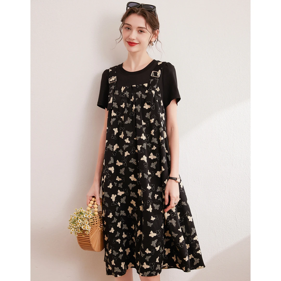 白鹿语夏新款时尚气质百搭假两件显瘦女装连衣裙YU10696