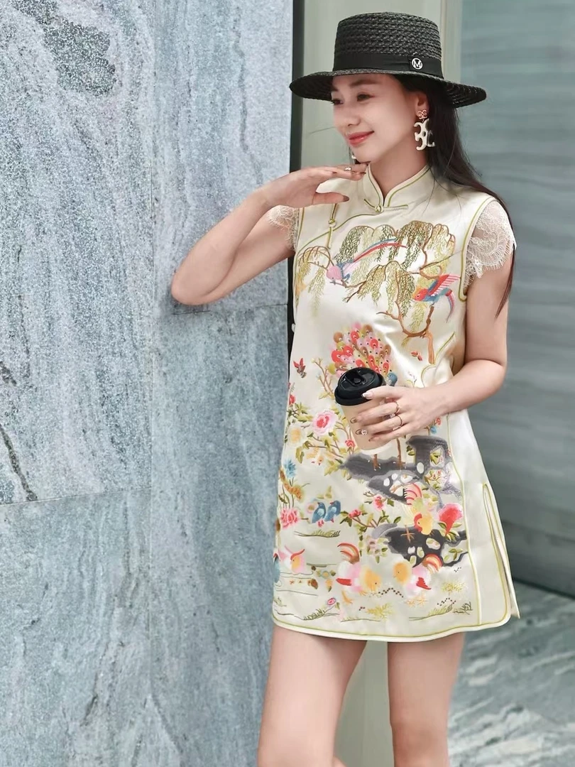 深圳高货重工刺绣进口醋酸新中式马甲裙连衣裙旗袍裙子女