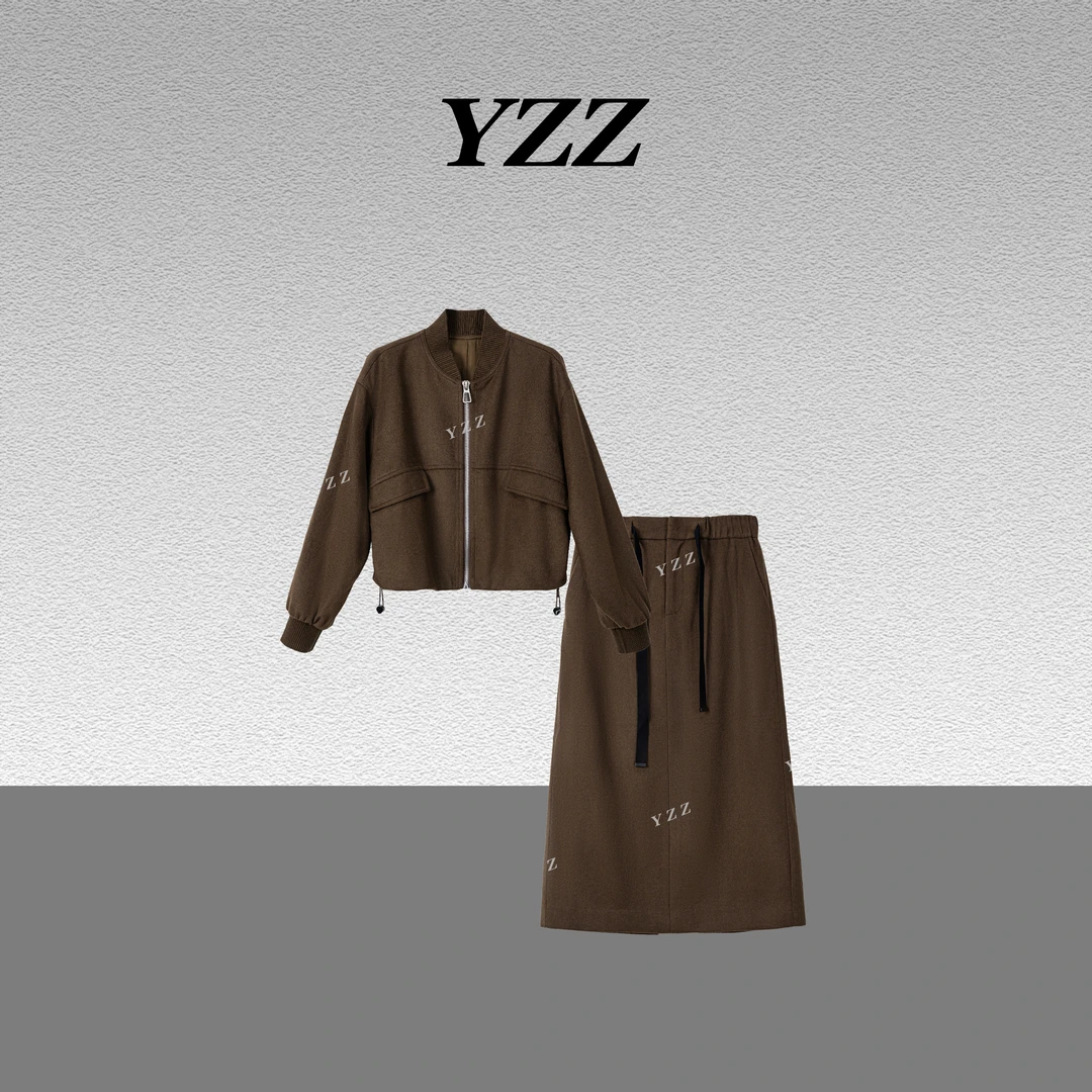 YZZ "赞歌"琥珀流光风美拉德时尚羊毛外套+抽身显瘦半裙 810661