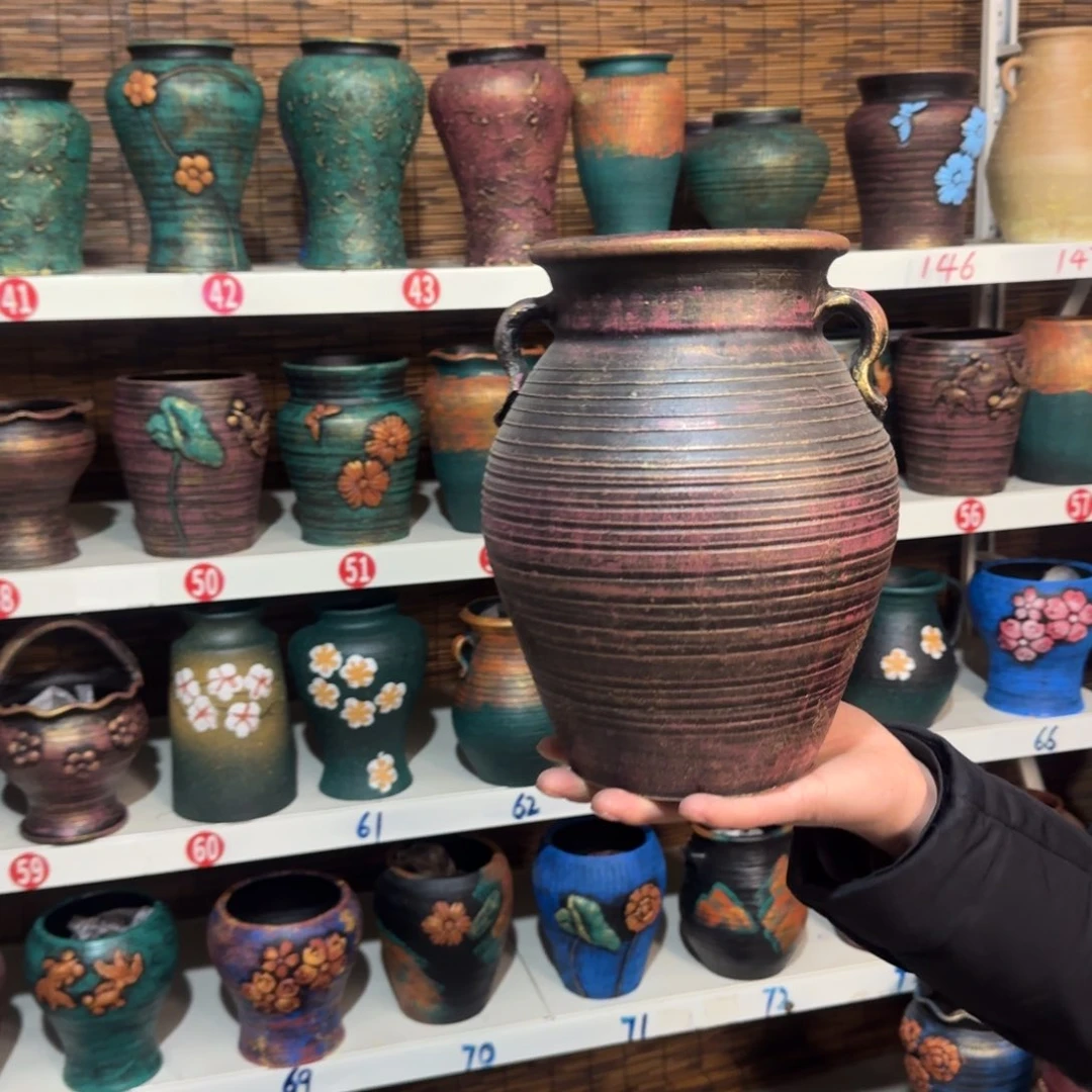 红陶红陶浮雕花盆炸炸炸