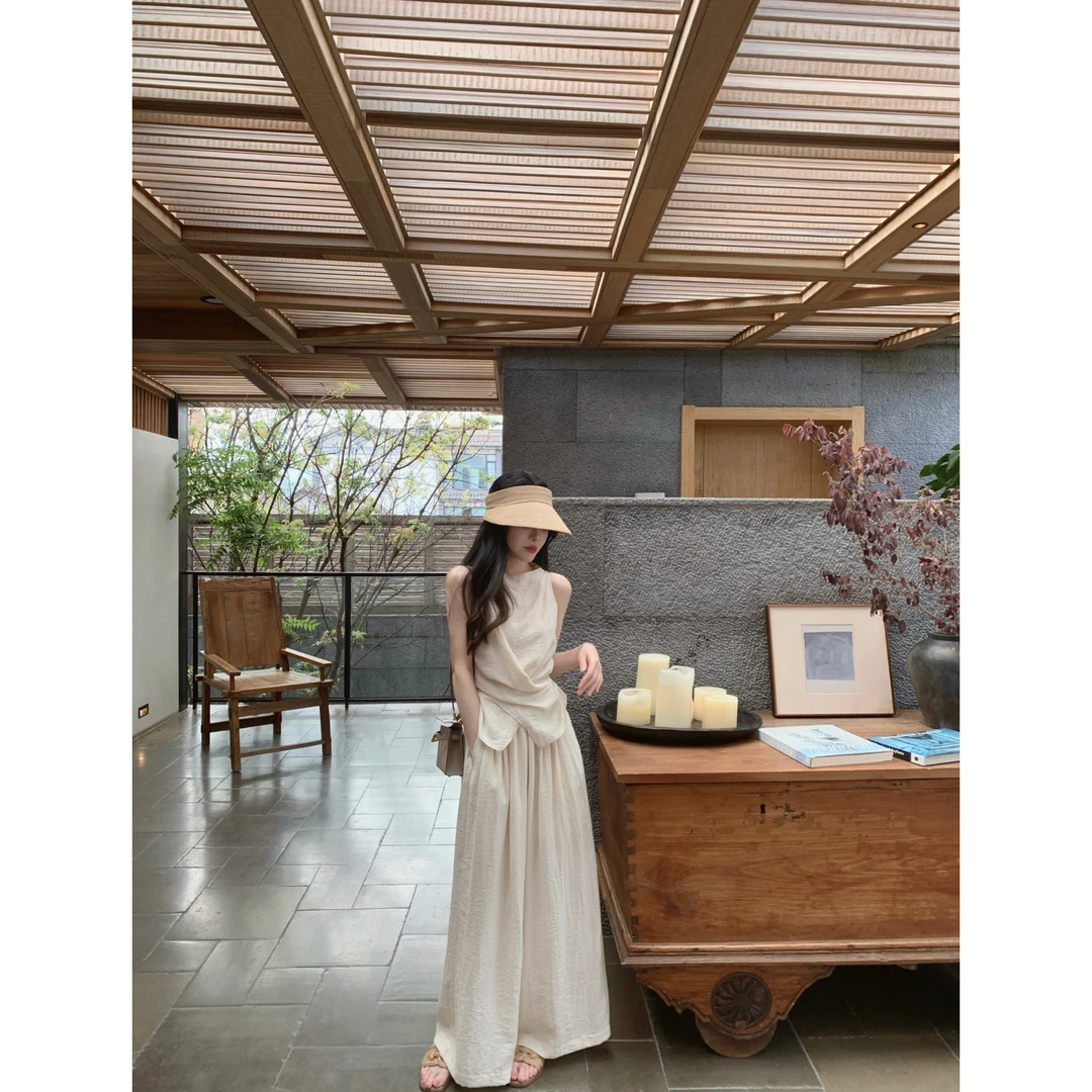 背心绑带上衣女夏松紧腰宽松休闲裤裙套装21323