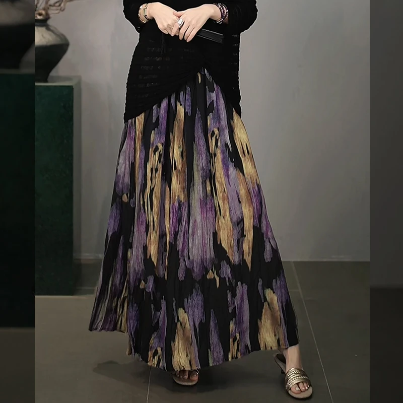 溶溶【莫奈紫鸢】RONGRONG 亚麻混纺不规则乱褶印花半裙F26QQ613