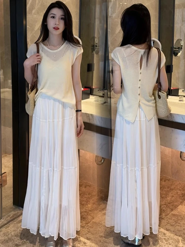 时尚套装裙女2025夏季新款洋气显瘦冰丝针织衫短袖半身裙两件套