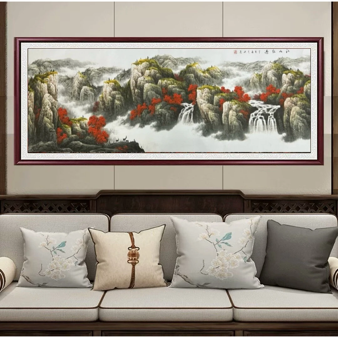 江山红遍带框国画山水画客厅办公室招财实木框背景墙壁画