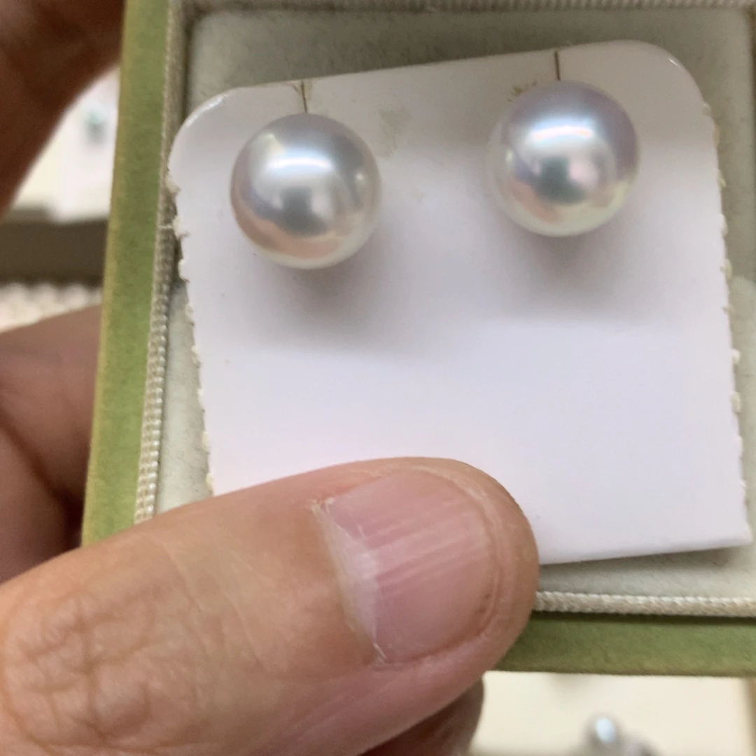 海水珍珠18K金镶嵌耳饰10-11澳白素钉