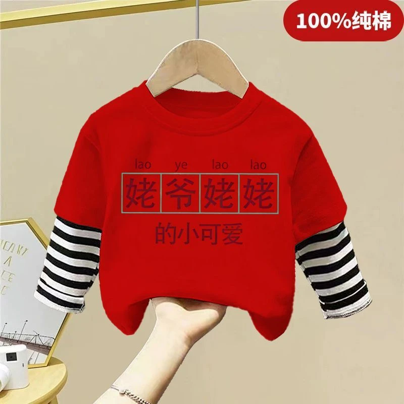姥姥姥爷t恤长袖儿童夏季纯棉趣味文字男女童圆领中国风爆款个性T