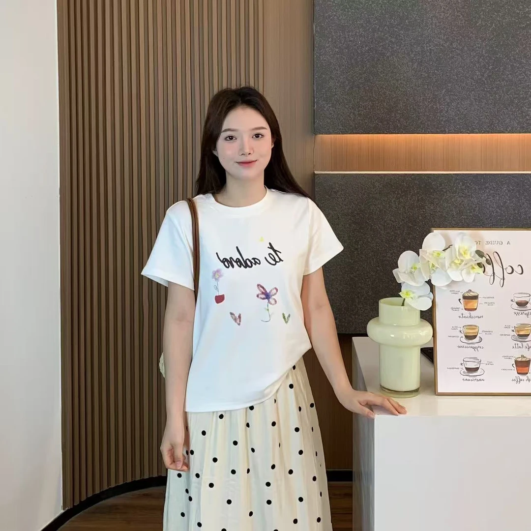 小羽酱小个子定制夏季韩系简约休闲百搭减龄圆领字母宽松短袖T恤