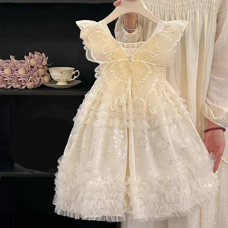5女童夏季连衣裙蝴蝶结公主裙4岁女孩洋气蓬蓬纱白色生日礼服裙子