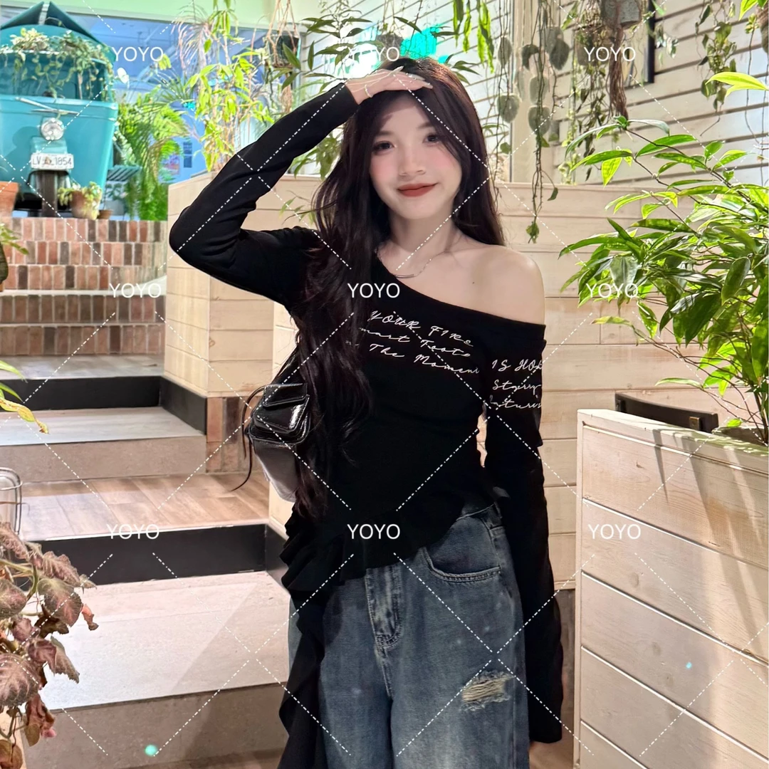 YOYO自制【荷叶边】春夏2025新款长袖辣妹小众露肩设计感上衣