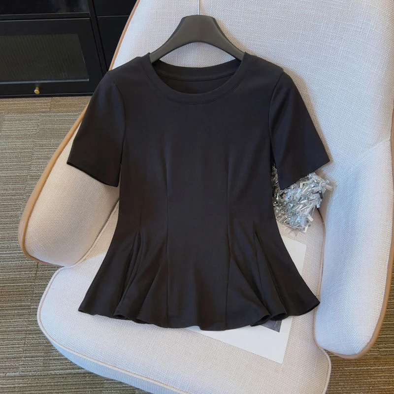 棉大码收腰显瘦褶皱荷叶边正肩T恤女装夏季新款胖MM小众短袖上衣