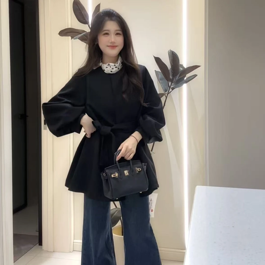 秋季圆领长袖灯笼袖系带中长款时尚韩版气质设计感风衣女装上衣