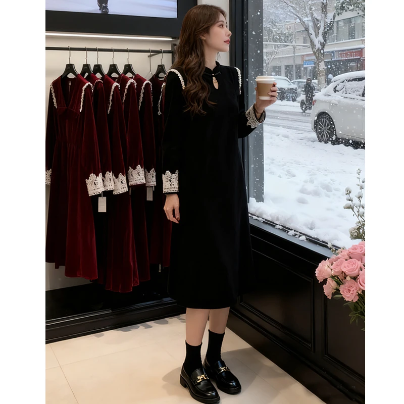 【现货】冬装新款复古国风新中式花边拼接连衣裙配大衣打底裙8133