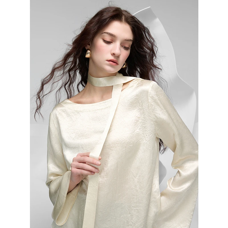 【醋酸衬衫】三彩2025春季新款宽松衬衣小衫一字领上衣附飘带女S