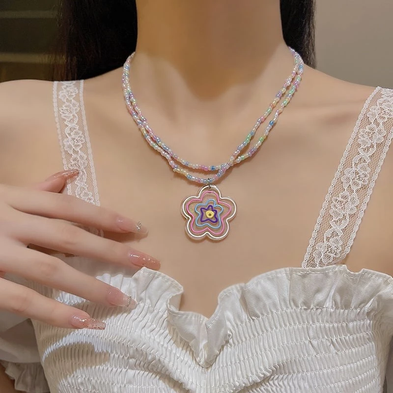 合金亚克力项链 小清新甜美彩色花朵串珠项链双层设计感锁骨链630