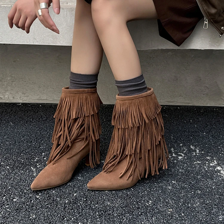 6.5cm秋冬加绒高跟鞋黑色百搭时装流苏靴气质尖头粗跟短靴女