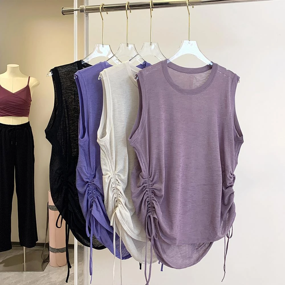 新款竹节纱透气瑜伽背心宽松圆领无袖运动服下摆抽绳瑜伽罩衫