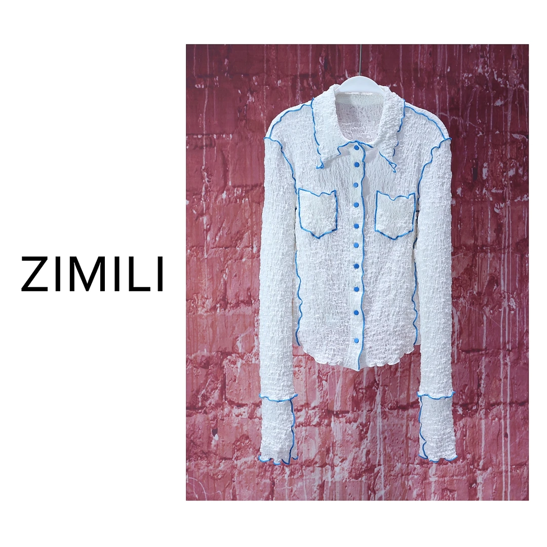 【亮哥女装】2025欧版松露白肌理感撞色线条修身上衣7138