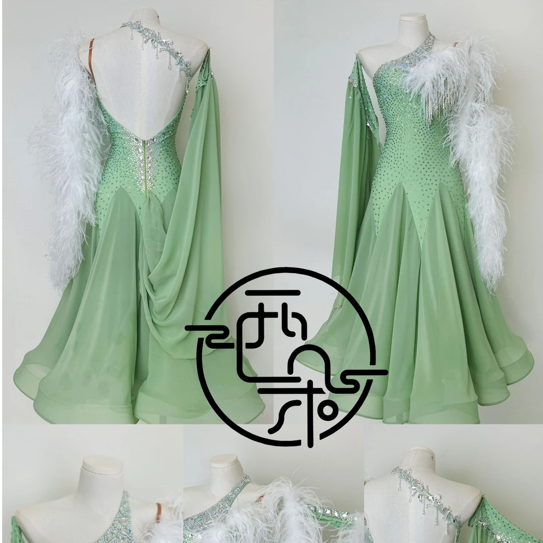 西朵舞服摩登舞满钻鸵鸟毛摩登舞仿奥钻表演裙比赛服